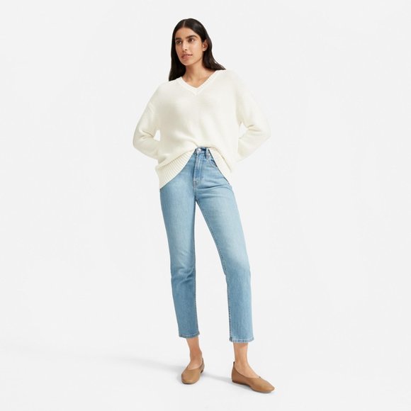 Everlane The Link-Stitch V-Neck Sweater Small Ivory Cream Bone Off White Cotton - Picture 3 of 14